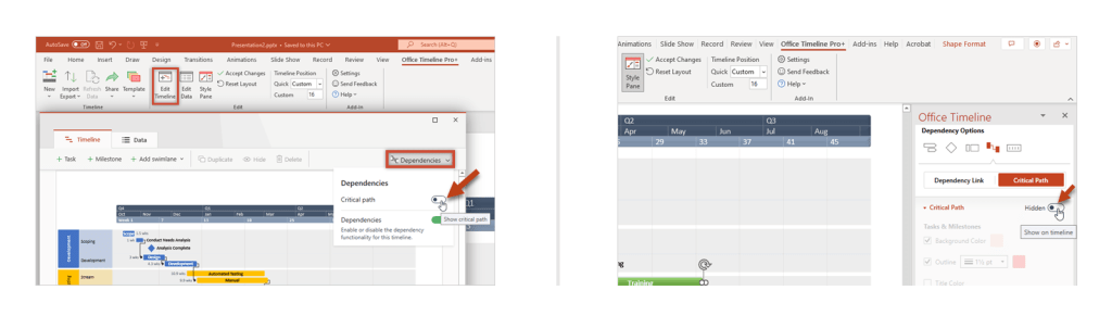 How to show critical path in Office Timeline