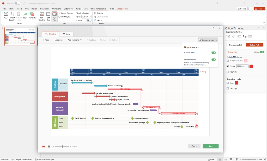 Strategic roadmap with critical path made with Office Timeline