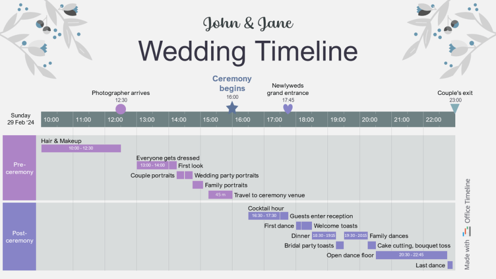 Example of wedding timeline planner made with Office Timeline