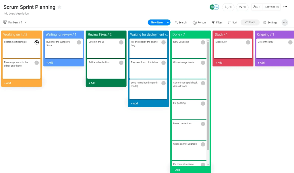 Kanban board example in Monday.com